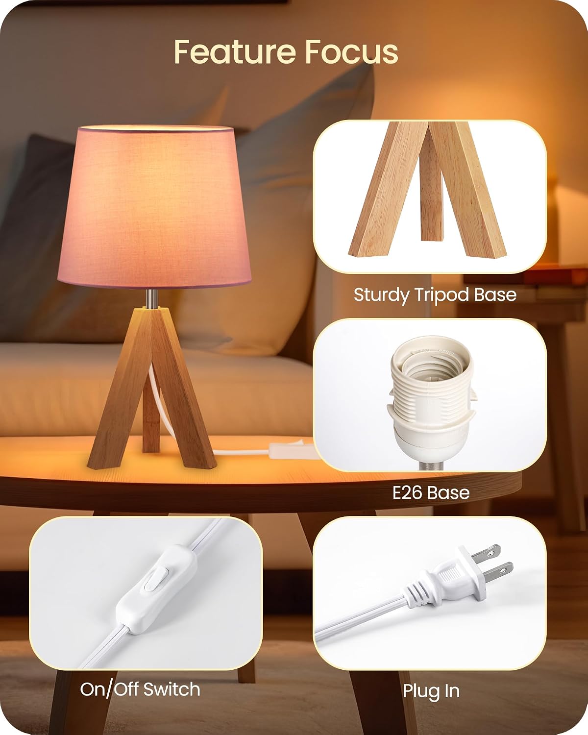 Wood Bedside Lamps Set of 2, Small Tripod Table Lamp, Modern Nightstand Lamp with Fabric Shade, Boho Bedside Wood Desk Lamp for Bedroom, Kids Room, Living Room, Study, White W51TLP205