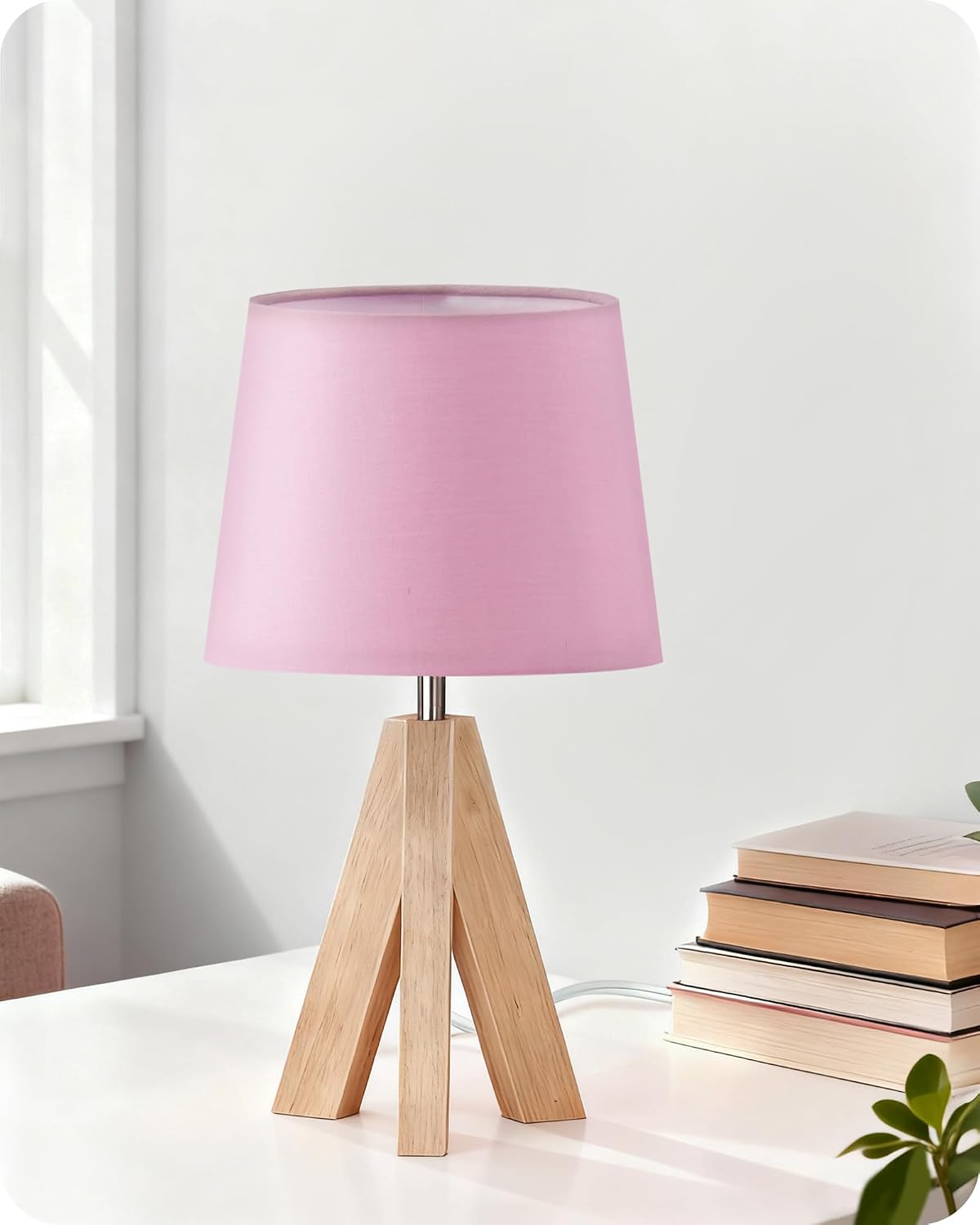 Wood Bedside Lamps Set of 2, Small Tripod Table Lamp, Modern Nightstand Lamp with Fabric Shade, Boho Bedside Wood Desk Lamp for Bedroom, Kids Room, Living Room, Study, White W51TLP205