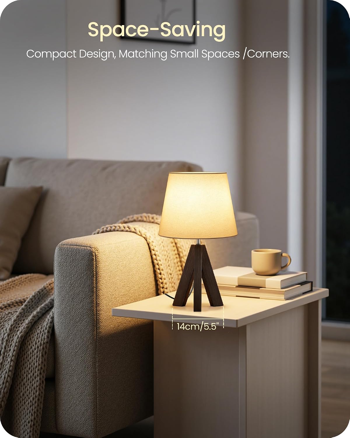 Wood Bedside Lamps Set of 2, Small Tripod Table Lamp, Modern Nightstand Lamp with Fabric Shade, Boho Bedside Wood Desk Lamp for Bedroom, Kids Room, Living Room, Study, White W51TLP205
