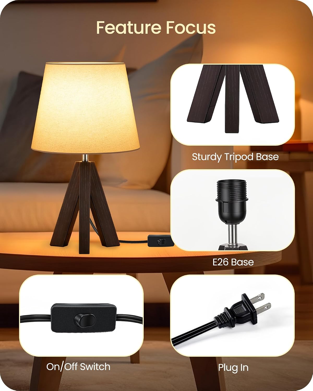 Wood Bedside Lamps Set of 2, Small Tripod Table Lamp, Modern Nightstand Lamp with Fabric Shade, Boho Bedside Wood Desk Lamp for Bedroom, Kids Room, Living Room, Study, White W51TLP205