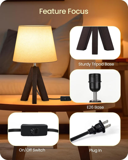 Wood Bedside Lamps Set of 2, Small Tripod Table Lamp, Modern Nightstand Lamp with Fabric Shade, Boho Bedside Wood Desk Lamp for Bedroom, Kids Room, Living Room, Study, White W51TLP205