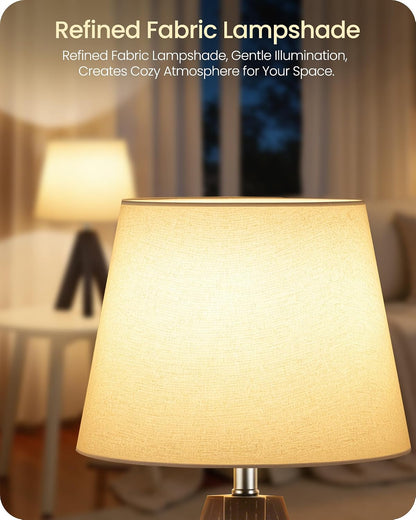 Wood Bedside Lamps Set of 2, Small Tripod Table Lamp, Modern Nightstand Lamp with Fabric Shade, Boho Bedside Wood Desk Lamp for Bedroom, Kids Room, Living Room, Study, White W51TLP205