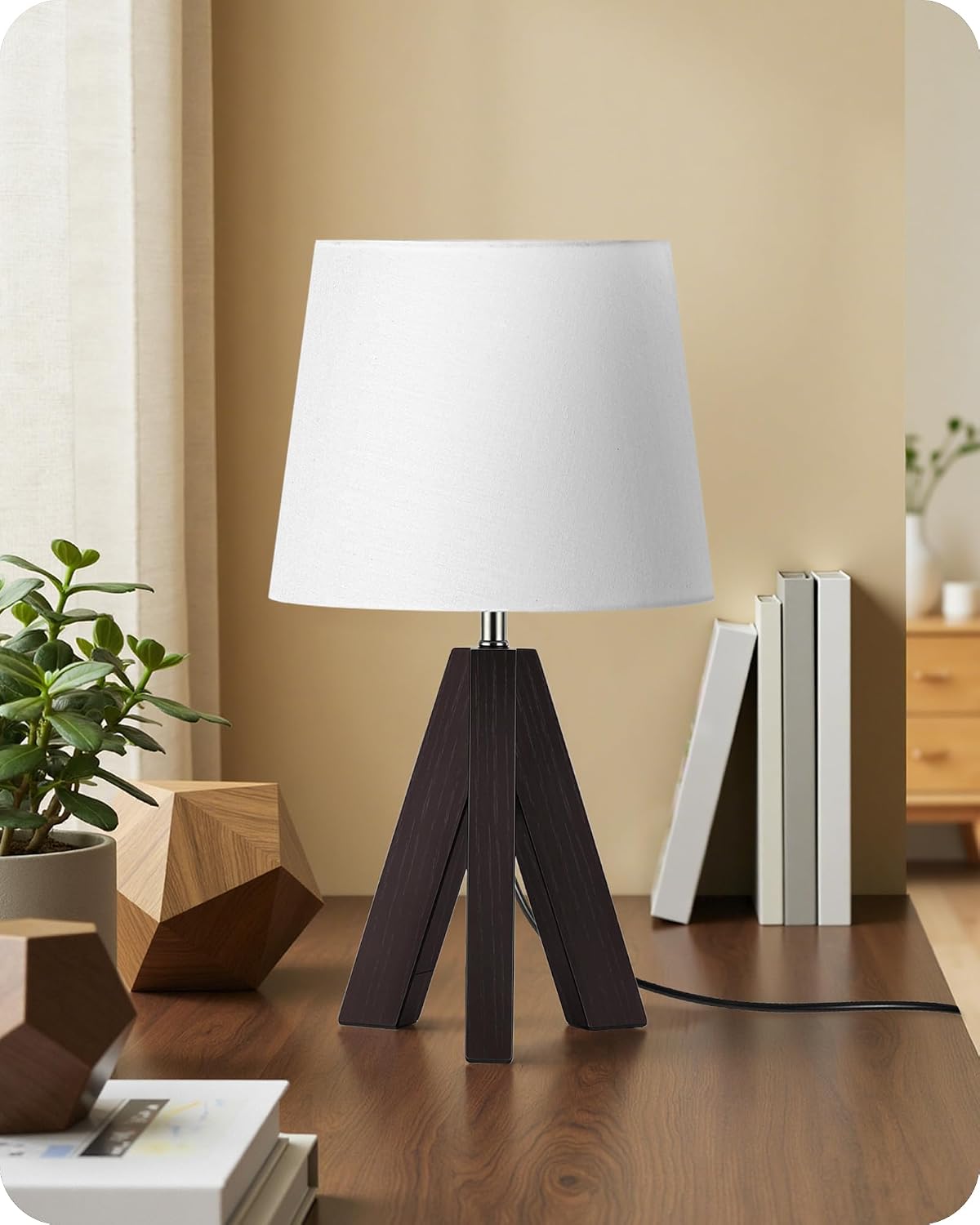 Wood Bedside Lamps Set of 2, Small Tripod Table Lamp, Modern Nightstand Lamp with Fabric Shade, Boho Bedside Wood Desk Lamp for Bedroom, Kids Room, Living Room, Study, White W51TLP205