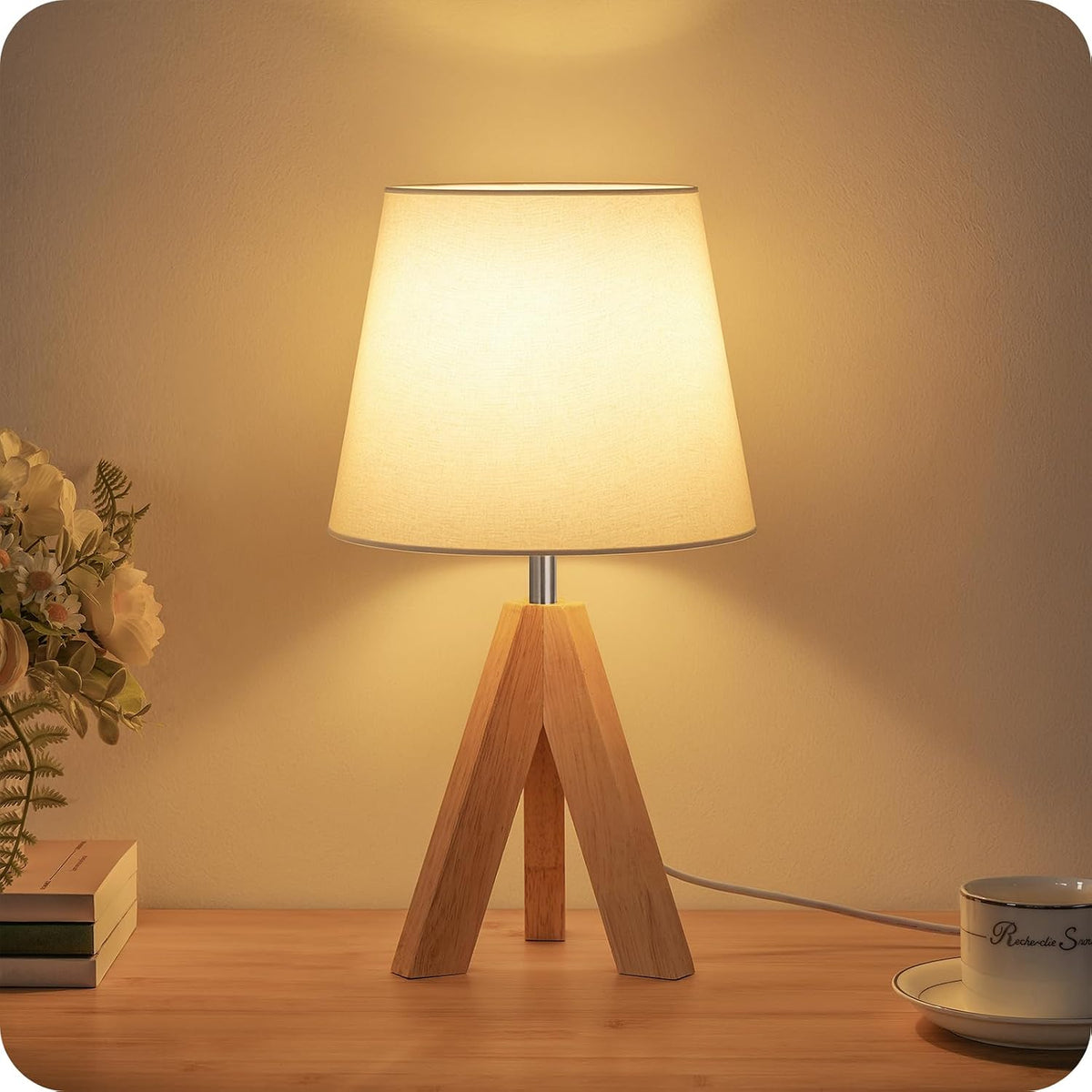 Wood Bedside Lamps Set of 2, Small Tripod Table Lamp, Modern Nightstand Lamp with Fabric Shade, Boho Bedside Wood Desk Lamp for Bedroom, Kids Room, Living Room, Study, White W51TLP205