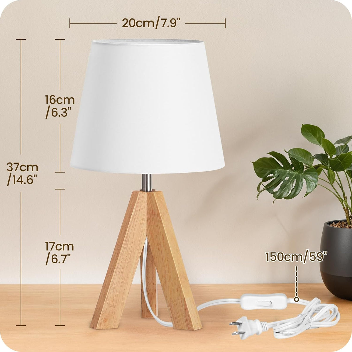 Wood Bedside Lamps Set of 2, Small Tripod Table Lamp, Modern Nightstand Lamp with Fabric Shade, Boho Bedside Wood Desk Lamp for Bedroom, Kids Room, Living Room, Study, White W51TLP205