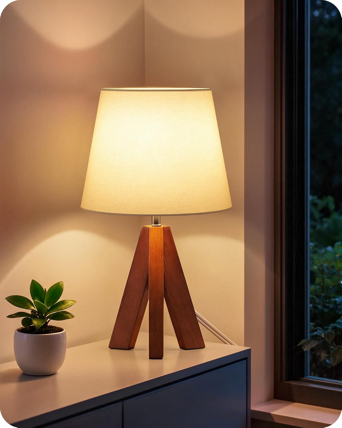 Wood Bedside Lamps Set of 2, Small Tripod Table Lamp, Modern Nightstand Lamp with Fabric Shade, Boho Bedside Wood Desk Lamp for Bedroom, Kids Room, Living Room, Study, White W51TLP205