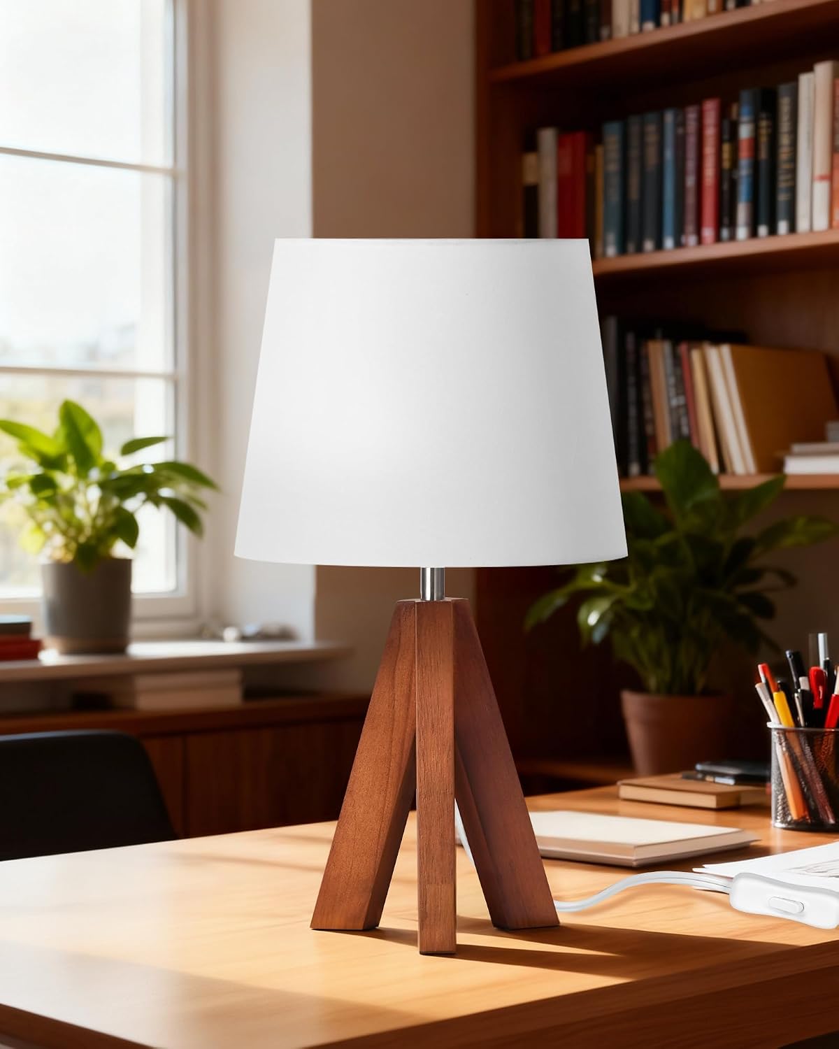 Wood Bedside Lamps Set of 2, Small Tripod Table Lamp, Modern Nightstand Lamp with Fabric Shade, Boho Bedside Wood Desk Lamp for Bedroom, Kids Room, Living Room, Study, White W51TLP205