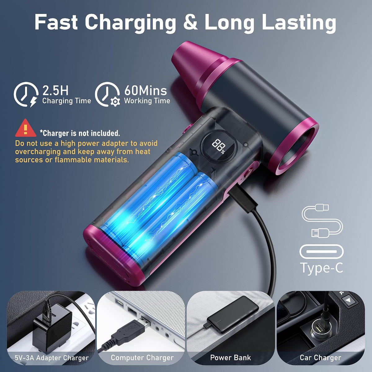 Compressed Air Duster Rechargeable Electric Air Duster for PC Keyboard Mini Dust Blower 130000RPM Cordless Air Blower Jet Dryer Turbo Fan Handheld Blower for Car Home Office, Black-Orange