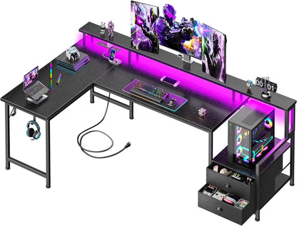 66'' L Shaped Gaming Desk with Storage Drawers, Power Outlets, LED