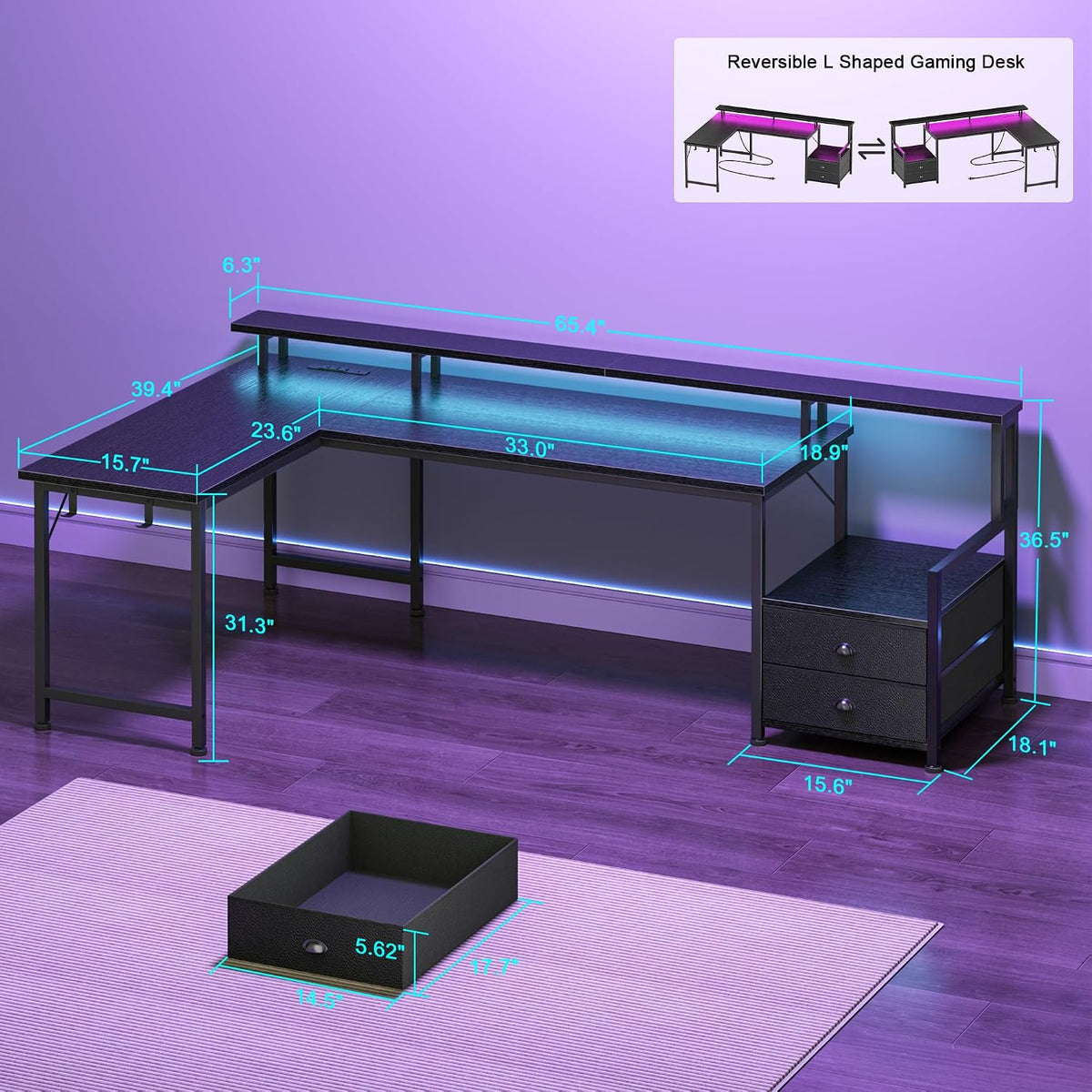 66'' L Shaped Gaming Desk with Storage Drawers, Power Outlets, LED
