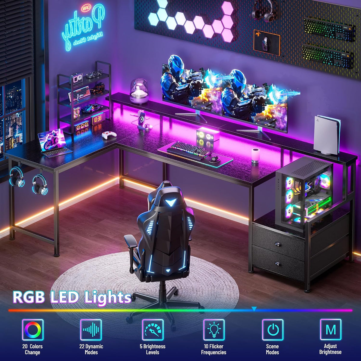 66'' L Shaped Gaming Desk with Storage Drawers, Power Outlets, LED