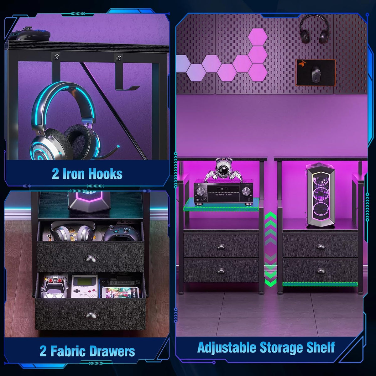 66'' L Shaped Gaming Desk with Storage Drawers, Power Outlets, LED