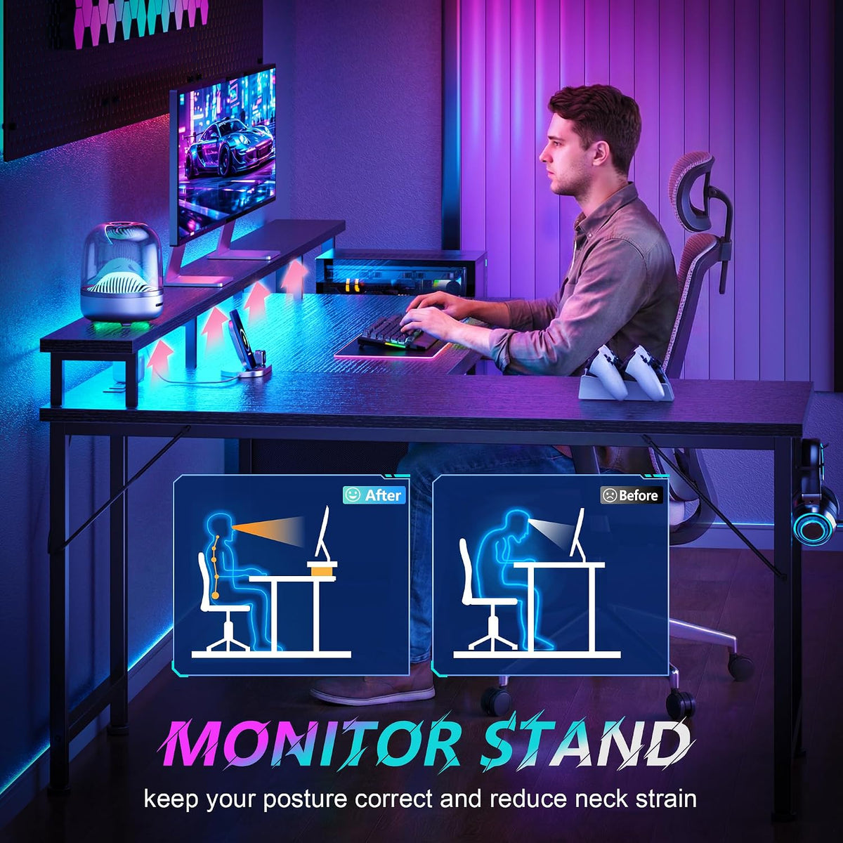 66'' L Shaped Gaming Desk with Storage Drawers, Power Outlets, LED