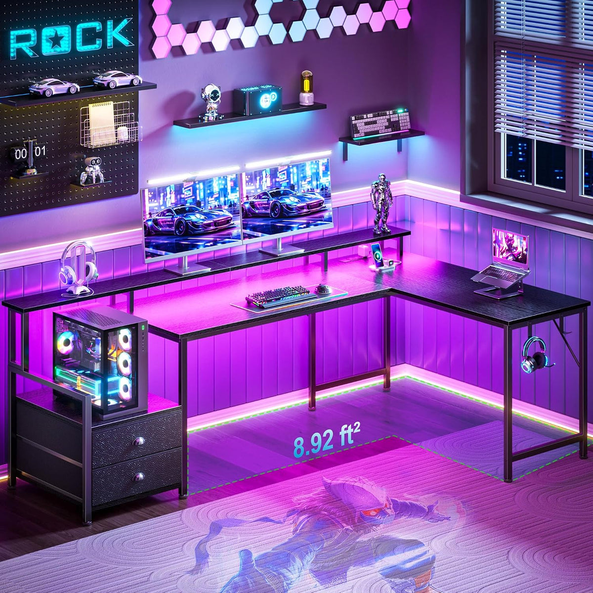 66'' L Shaped Gaming Desk with Storage Drawers, Power Outlets, LED