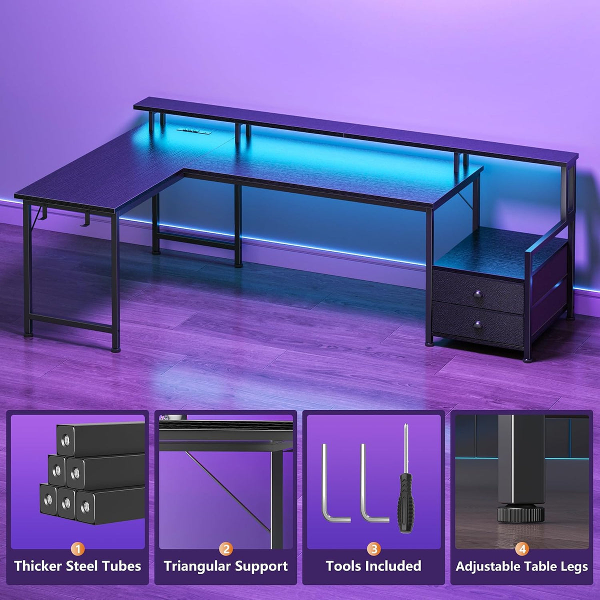 66'' L Shaped Gaming Desk with Storage Drawers, Power Outlets, LED