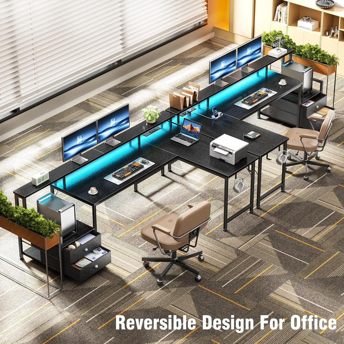 66'' L Shaped Gaming Desk with Storage Drawers, Power Outlets, LED
