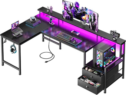 66'' L Shaped Gaming Desk with Storage Drawers, Power Outlets, LED