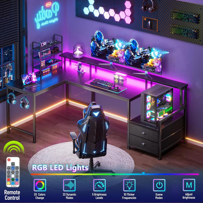 66'' L Shaped Gaming Desk with Storage Drawers, Power Outlets, LED