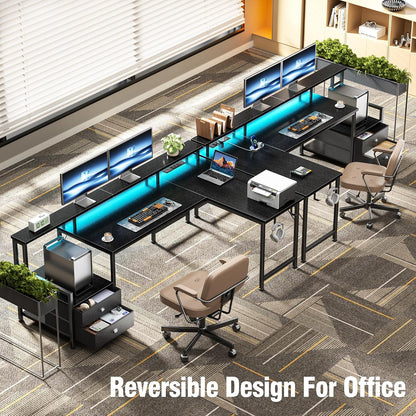 66'' L Shaped Gaming Desk with Storage Drawers, Power Outlets, LED