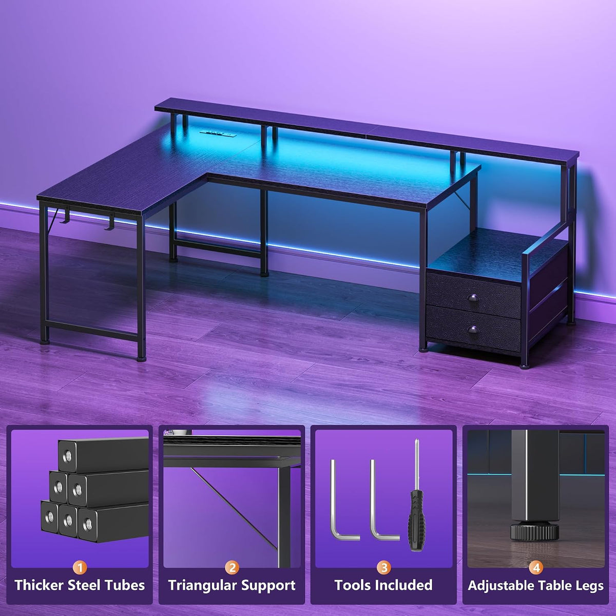 66'' L Shaped Gaming Desk with Storage Drawers, Power Outlets, LED