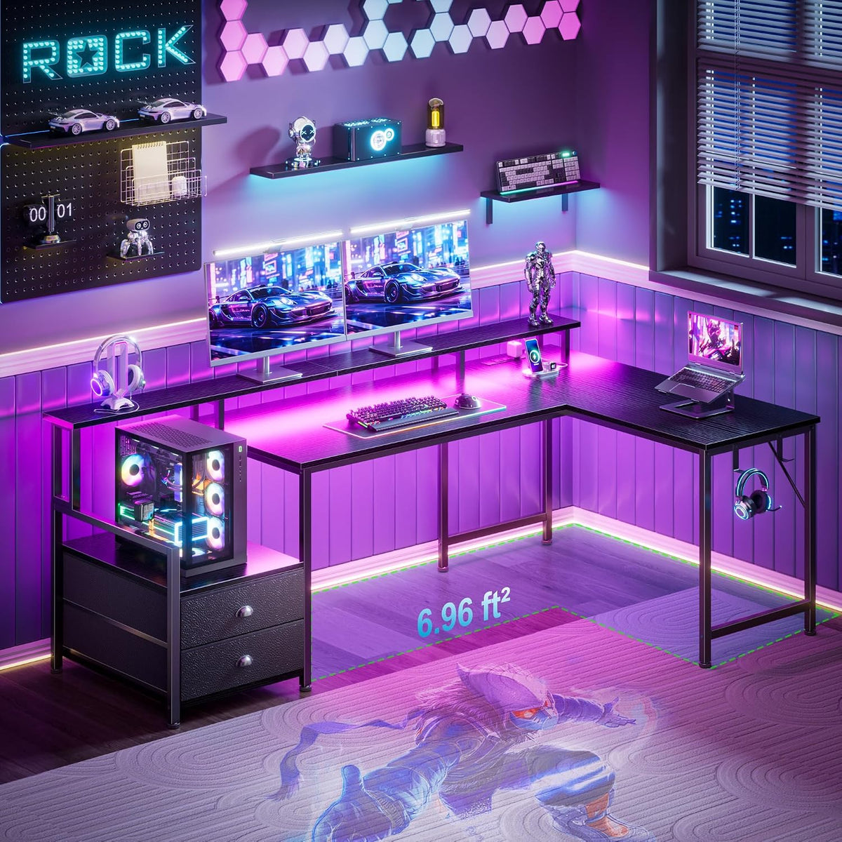 66'' L Shaped Gaming Desk with Storage Drawers, Power Outlets, LED