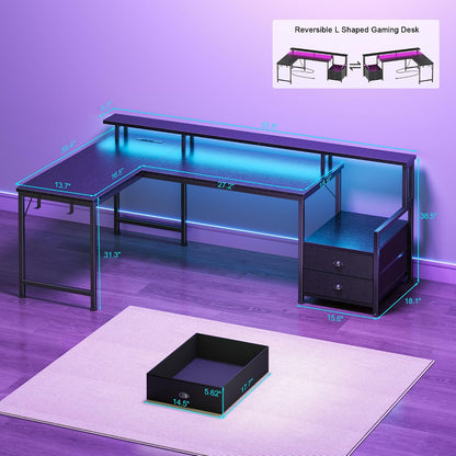66'' L Shaped Gaming Desk with Storage Drawers, Power Outlets, LED
