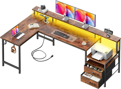 66'' L Shaped Gaming Desk with Storage Drawers, Power Outlets, LED