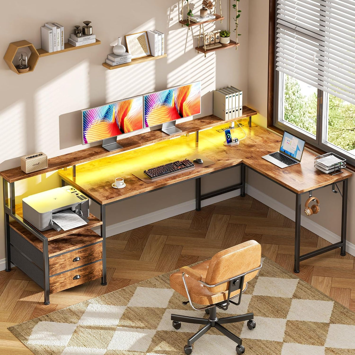 66'' L Shaped Gaming Desk with Storage Drawers, Power Outlets, LED