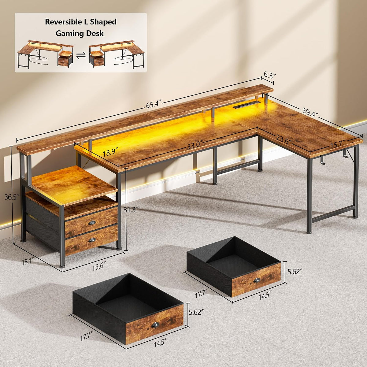 66'' L Shaped Gaming Desk with Storage Drawers, Power Outlets, LED