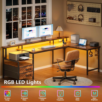 66'' L Shaped Gaming Desk with Storage Drawers, Power Outlets, LED