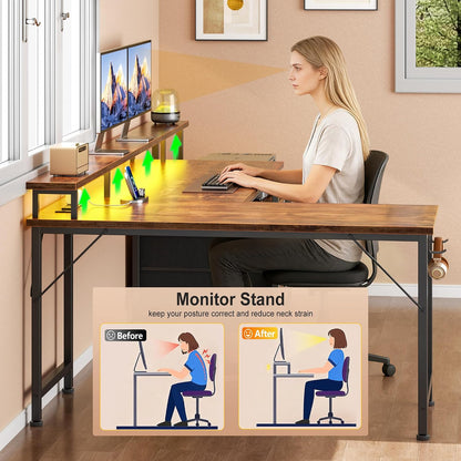 66'' L Shaped Gaming Desk with Storage Drawers, Power Outlets, LED