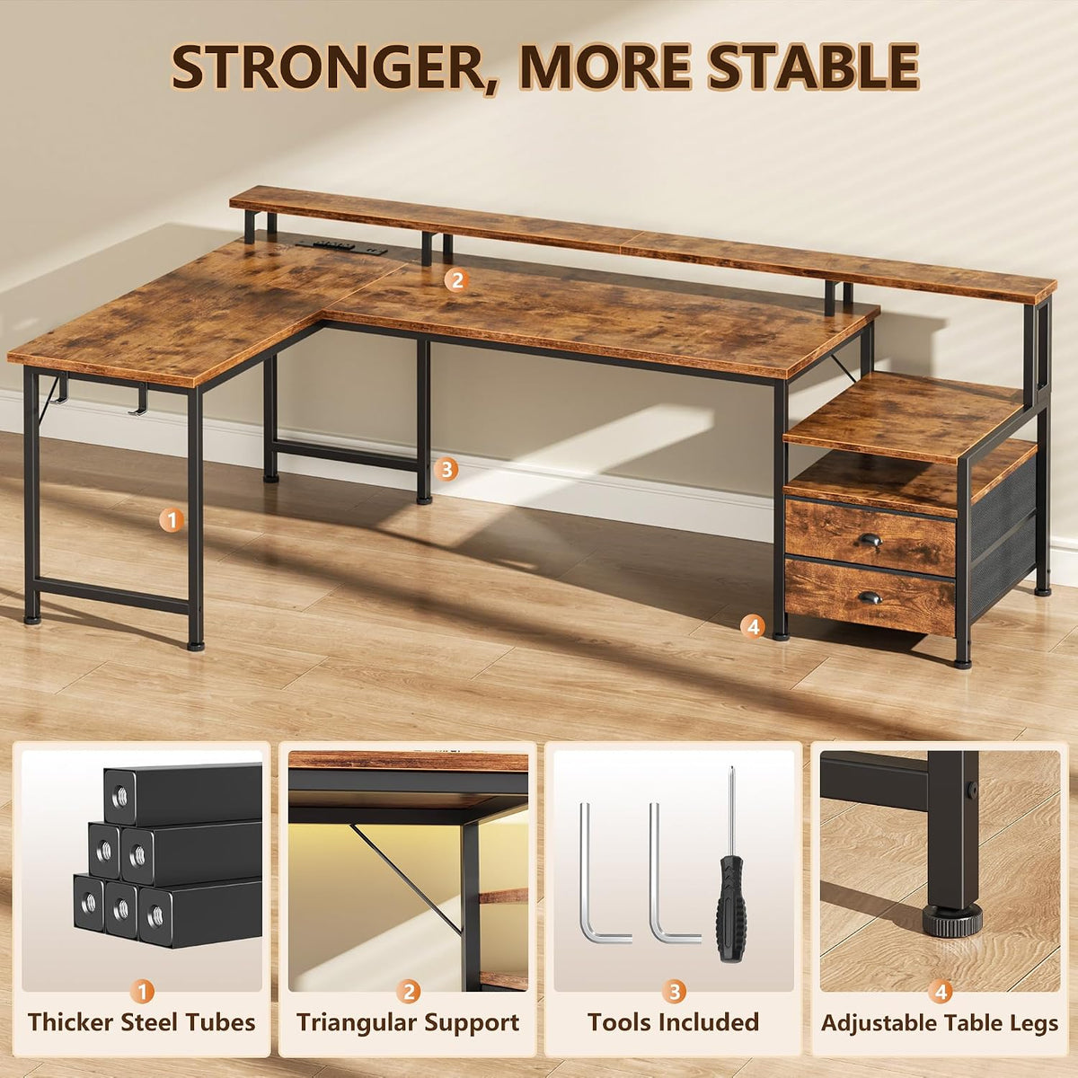 66'' L Shaped Gaming Desk with Storage Drawers, Power Outlets, LED