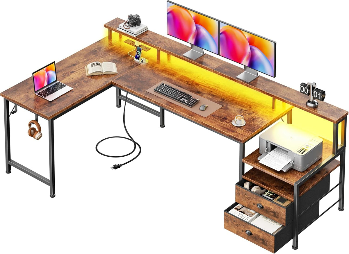 66'' L Shaped Gaming Desk with Storage Drawers, Power Outlets, LED