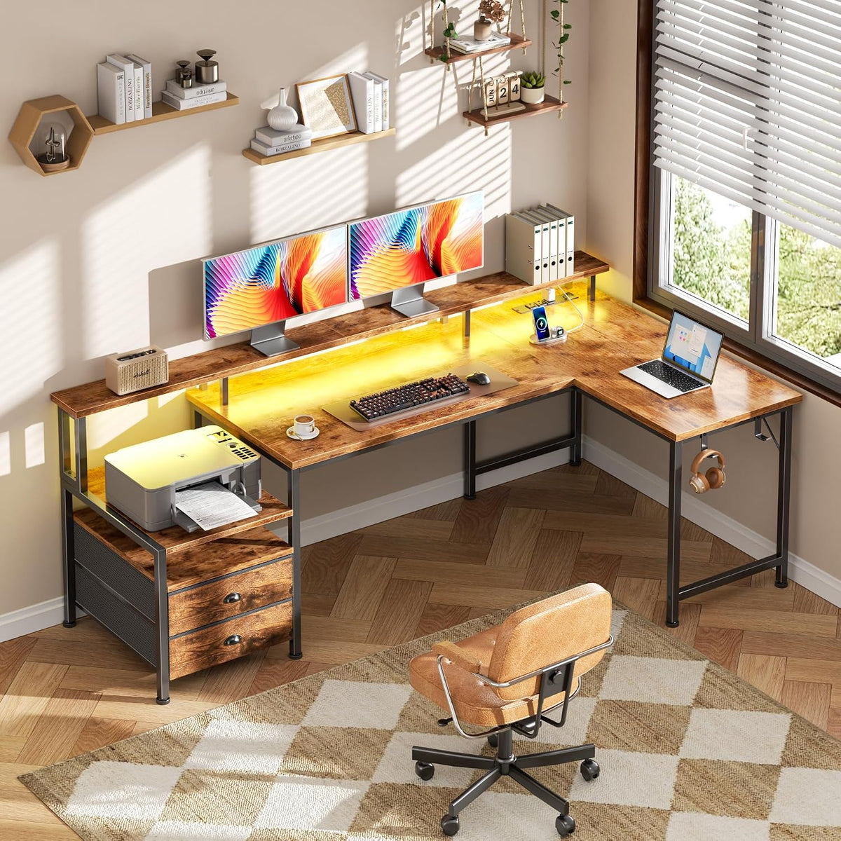 66'' L Shaped Gaming Desk with Storage Drawers, Power Outlets, LED