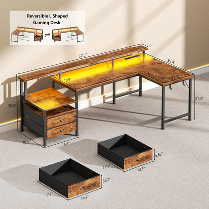 66'' L Shaped Gaming Desk with Storage Drawers, Power Outlets, LED