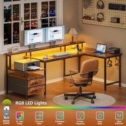 66'' L Shaped Gaming Desk with Storage Drawers, Power Outlets, LED
