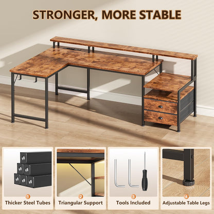 66'' L Shaped Gaming Desk with Storage Drawers, Power Outlets, LED