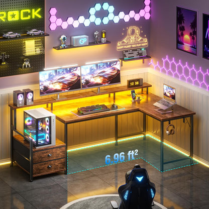 66'' L Shaped Gaming Desk with Storage Drawers, Power Outlets, LED