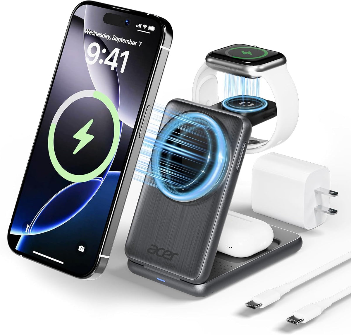 3 in 1 Charging Station for Apple Device, Magnetic Palm-Sized Foldable Fast Charger Stand Compatible with MagSafe for iPhone 17, Apple Watch & AirPods, Foldable Charging Dock for Desk S3