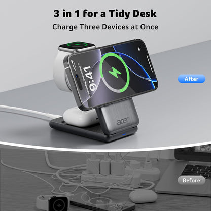 3 in 1 Charging Station for Apple Device, Magnetic Palm-Sized Foldable Fast Charger Stand Compatible with MagSafe for iPhone 17, Apple Watch & AirPods, Foldable Charging Dock for Desk S3