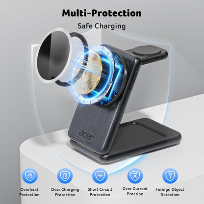 3 in 1 Charging Station for Apple Device, Magnetic Palm-Sized Foldable Fast Charger Stand Compatible with MagSafe for iPhone 17, Apple Watch & AirPods, Foldable Charging Dock for Desk S3