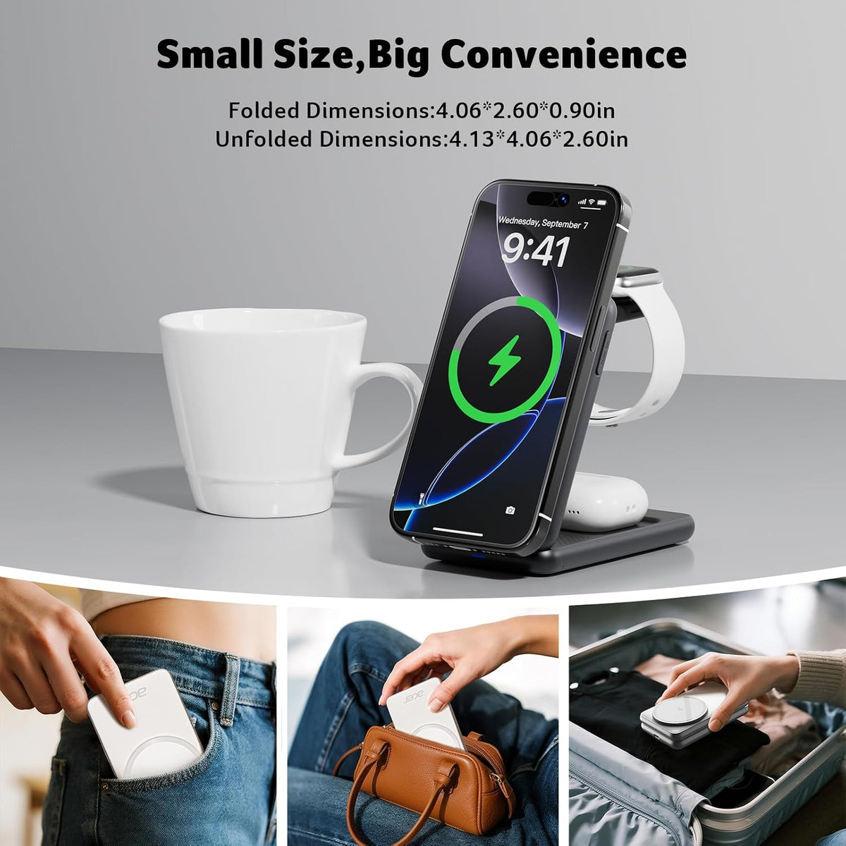 3 in 1 Charging Station for Apple Device, Magnetic Palm-Sized Foldable Fast Charger Stand Compatible with MagSafe for iPhone 17, Apple Watch & AirPods, Foldable Charging Dock for Desk S3