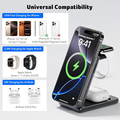 3 in 1 Charging Station for Apple Device, Magnetic Palm-Sized Foldable Fast Charger Stand Compatible with MagSafe for iPhone 17, Apple Watch & AirPods, Foldable Charging Dock for Desk S3