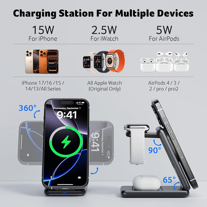 3 in 1 Charging Station for Apple Device, Magnetic Palm-Sized Foldable Fast Charger Stand Compatible with MagSafe for iPhone 17, Apple Watch & AirPods, Foldable Charging Dock for Desk S3