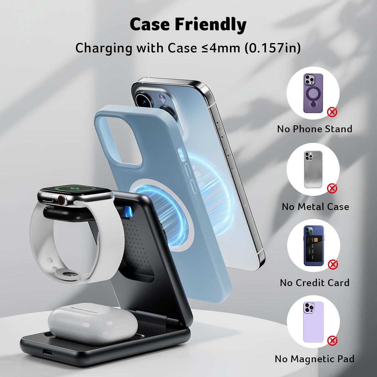 3 in 1 Charging Station for Apple Device, Magnetic Palm-Sized Foldable Fast Charger Stand Compatible with MagSafe for iPhone 17, Apple Watch & AirPods, Foldable Charging Dock for Desk S3