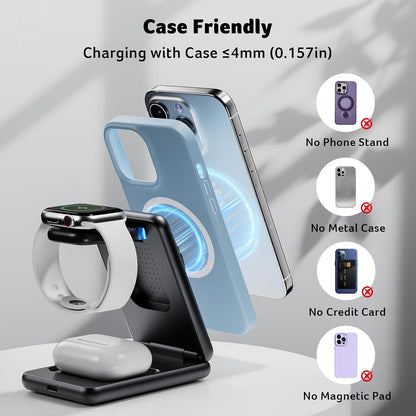 3 in 1 Charging Station for Apple Device, Magnetic Palm-Sized Foldable Fast Charger Stand Compatible with MagSafe for iPhone 17, Apple Watch & AirPods, Foldable Charging Dock for Desk S3