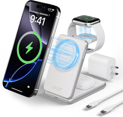 3 in 1 Charging Station for Apple Device, Magnetic Palm-Sized Foldable Fast Charger Stand Compatible with MagSafe for iPhone 17, Apple Watch & AirPods, Foldable Charging Dock for Desk S3