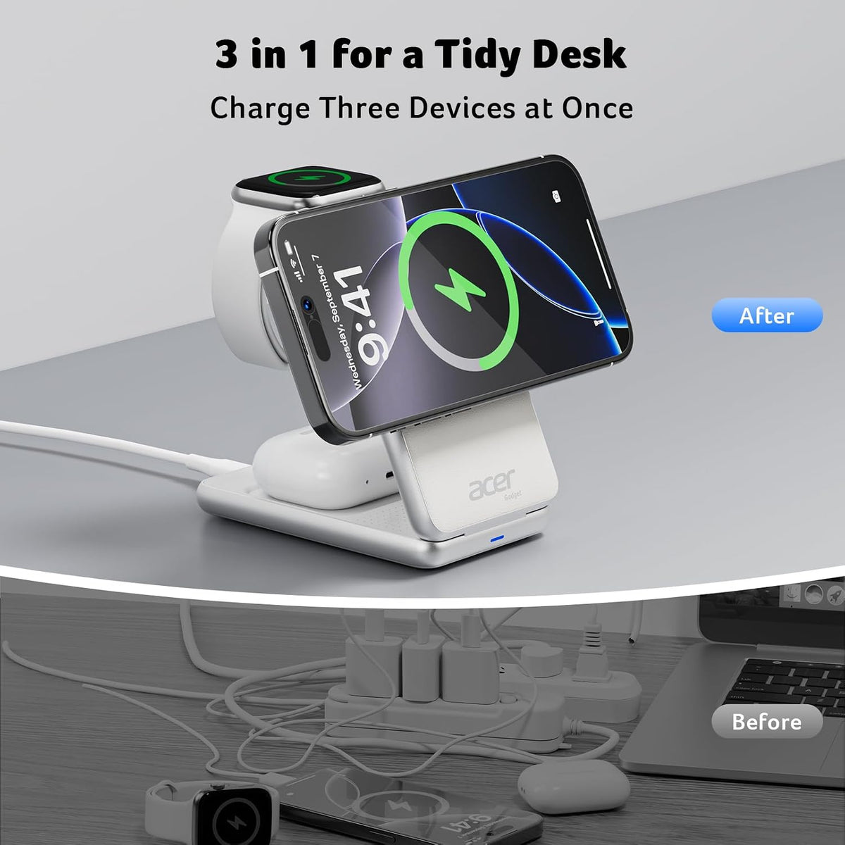 3 in 1 Charging Station for Apple Device, Magnetic Palm-Sized Foldable Fast Charger Stand Compatible with MagSafe for iPhone 17, Apple Watch & AirPods, Foldable Charging Dock for Desk S3