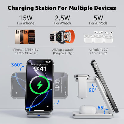 3 in 1 Charging Station for Apple Device, Magnetic Palm-Sized Foldable Fast Charger Stand Compatible with MagSafe for iPhone 17, Apple Watch & AirPods, Foldable Charging Dock for Desk S3