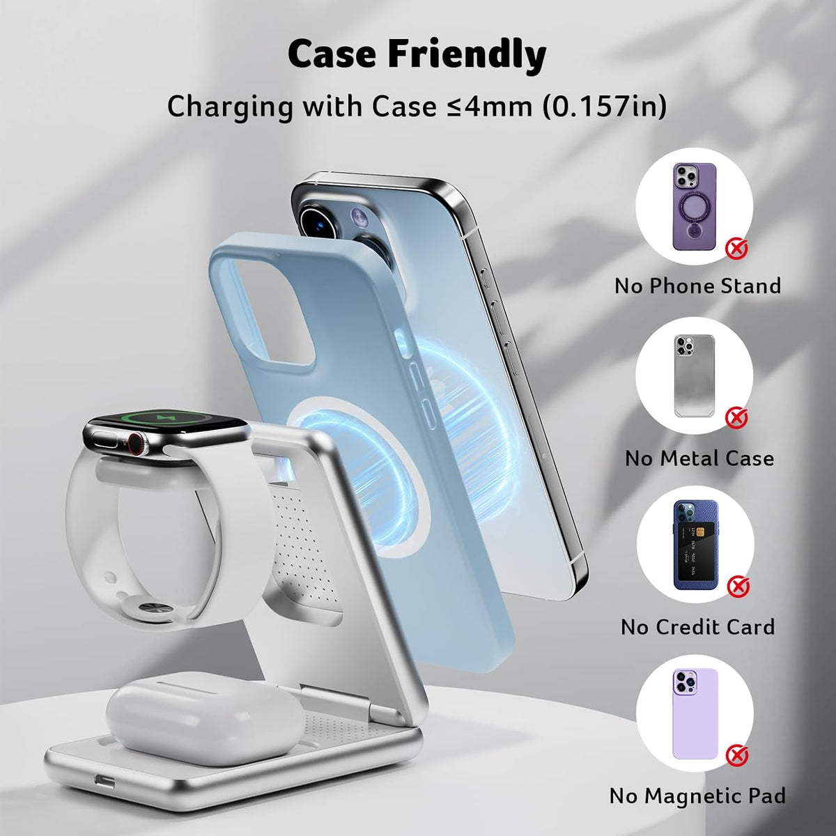 3 in 1 Charging Station for Apple Device, Magnetic Palm-Sized Foldable Fast Charger Stand Compatible with MagSafe for iPhone 17, Apple Watch & AirPods, Foldable Charging Dock for Desk S3